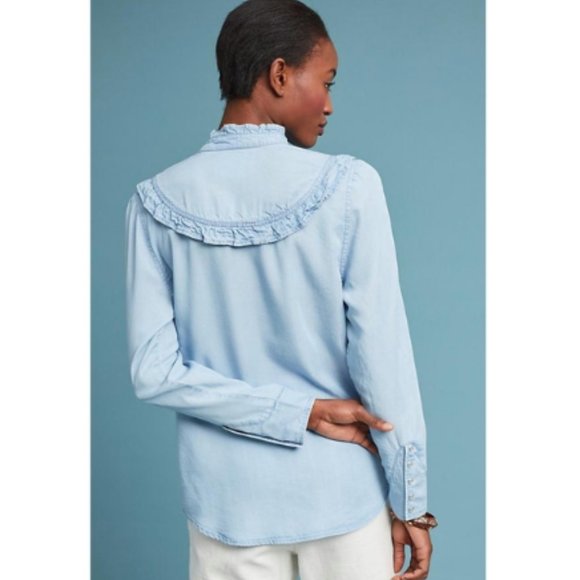 Anthropologie Maeve Ruffle Chambray Top - Picture 3 of 10